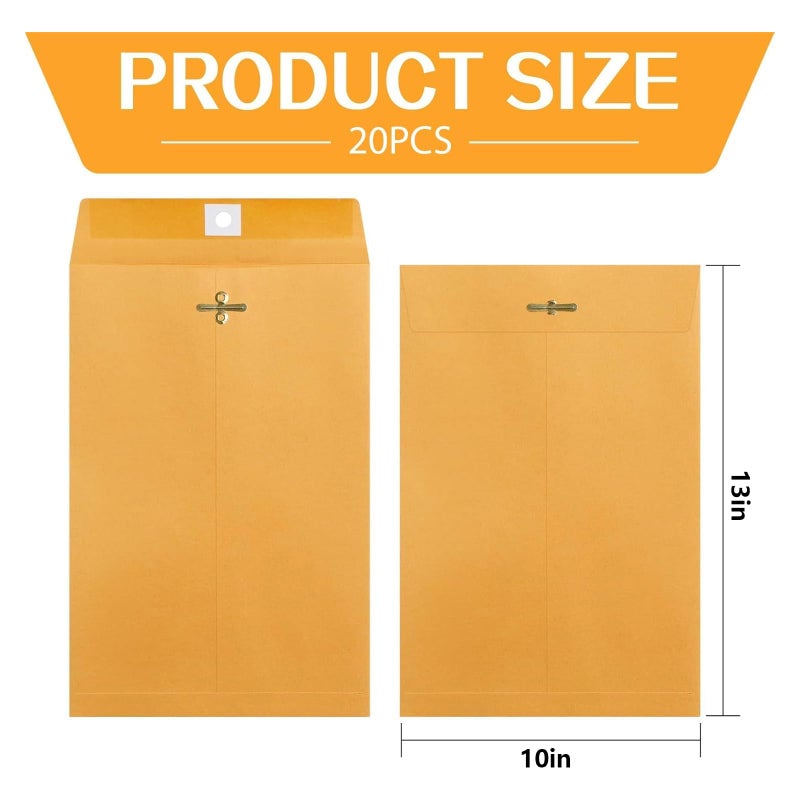 Bazyrock 20 Pack 10x13 Inch Manilla Envelopes, Kraft Envelopes with Clasp Closure and Gummed Seal, 28lb Large Brown Mailing Envelopes for Office, School, Business, and Home Use - Image 2